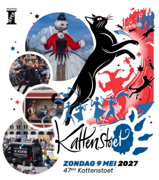 Affiche van de 47ste Kattenstoet in Ieper op 9 mei 2027 met dansers, reuzenpop en een zwarte kat. (vergroot foto)